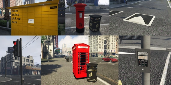 UK Asset Pack collage showing postboxes, phone boxes, traffic lights, parcel lockers and speed bumps
